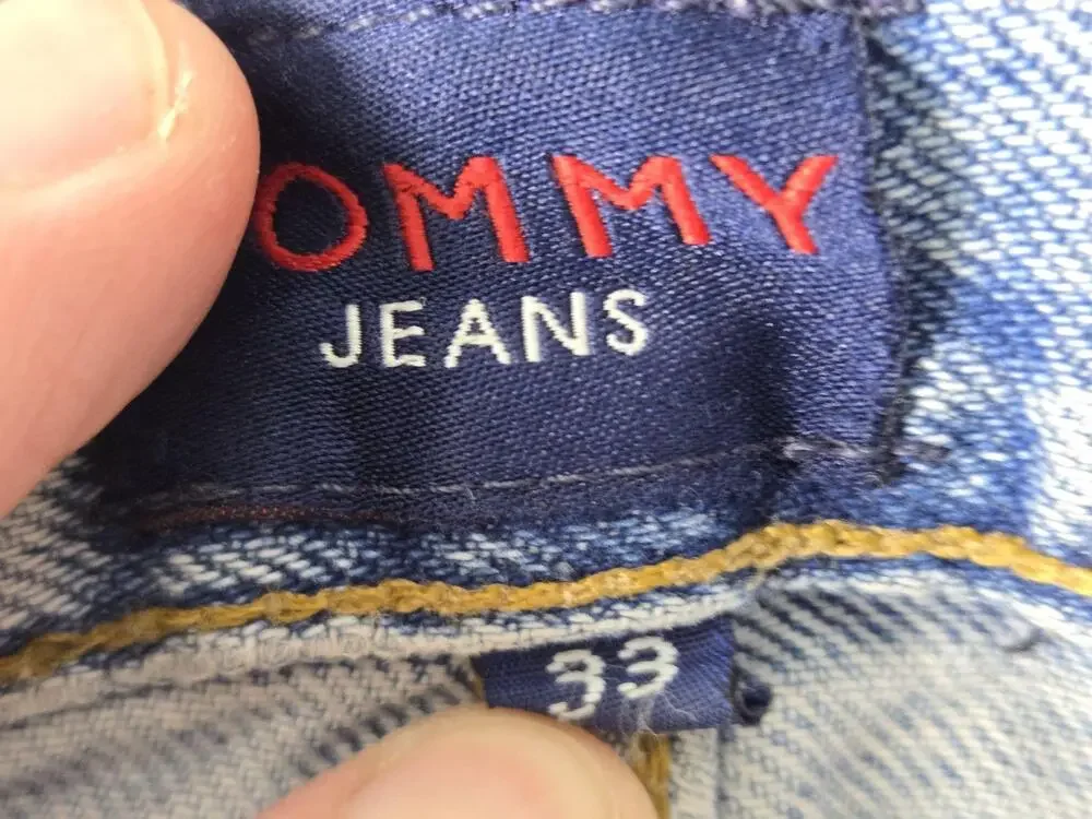 Vintage 90s Tommy Hilfiger Shorts Mens 33 Blue Denim Distressed Cutoff Jorts